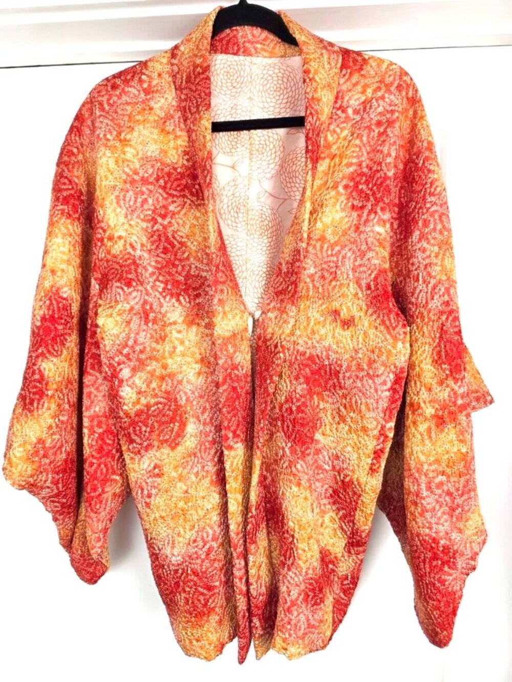 Vintage Japanese Silk Haori Kimono Jacket Orange Red Shibori Pattern Silk Lined